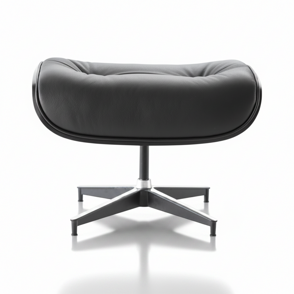 A modern black leather swivel ottoman with a curved, cushioned seat and a five-star metal base, shown on a clean white background with a soft reflection underneath.