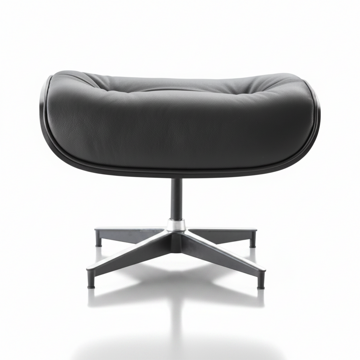 A modern black leather swivel ottoman with a curved, cushioned seat and a five-star metal base, shown on a clean white background with a soft reflection underneath.