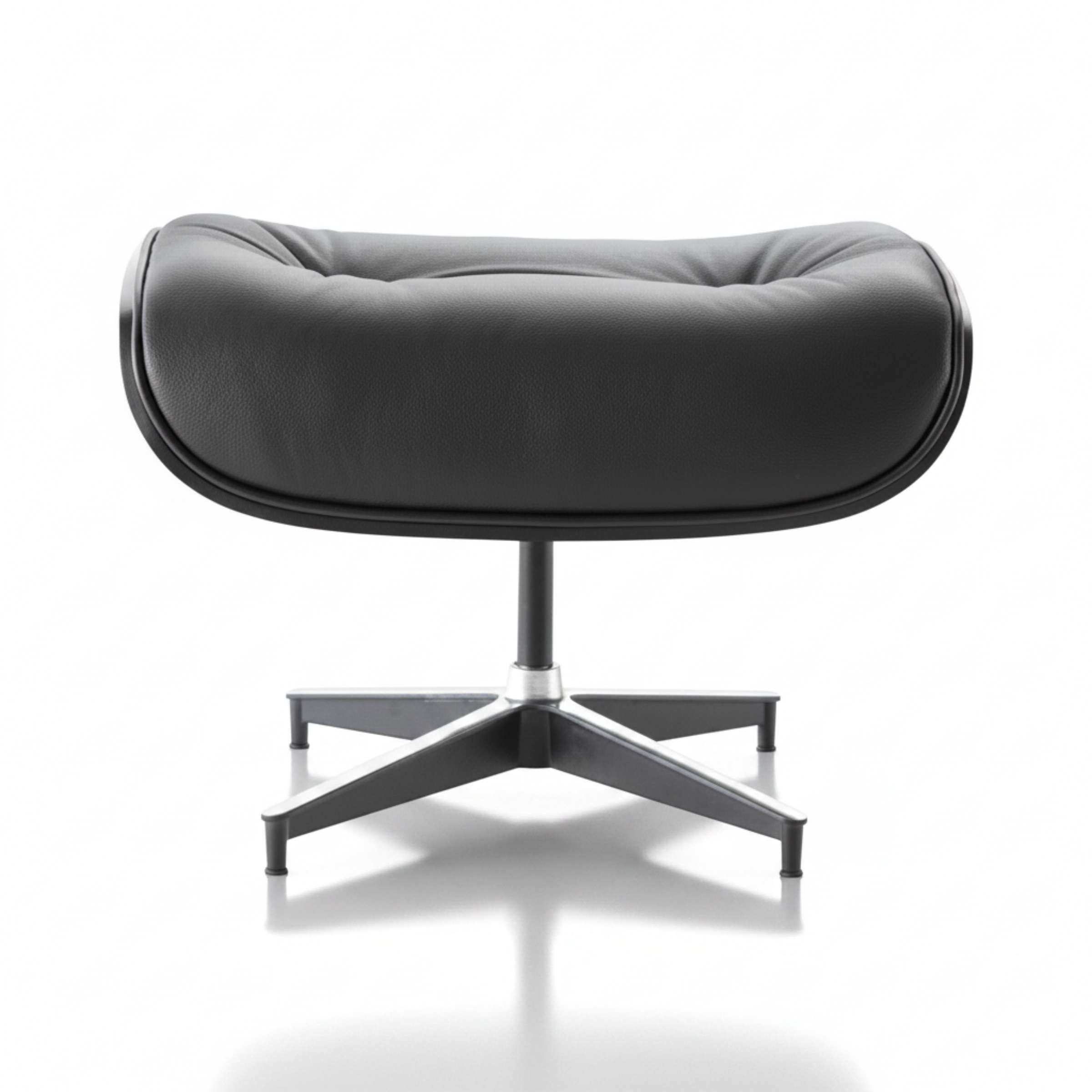 A modern black leather swivel ottoman with a curved, cushioned seat and a five-star metal base, shown on a clean white background with a soft reflection underneath.