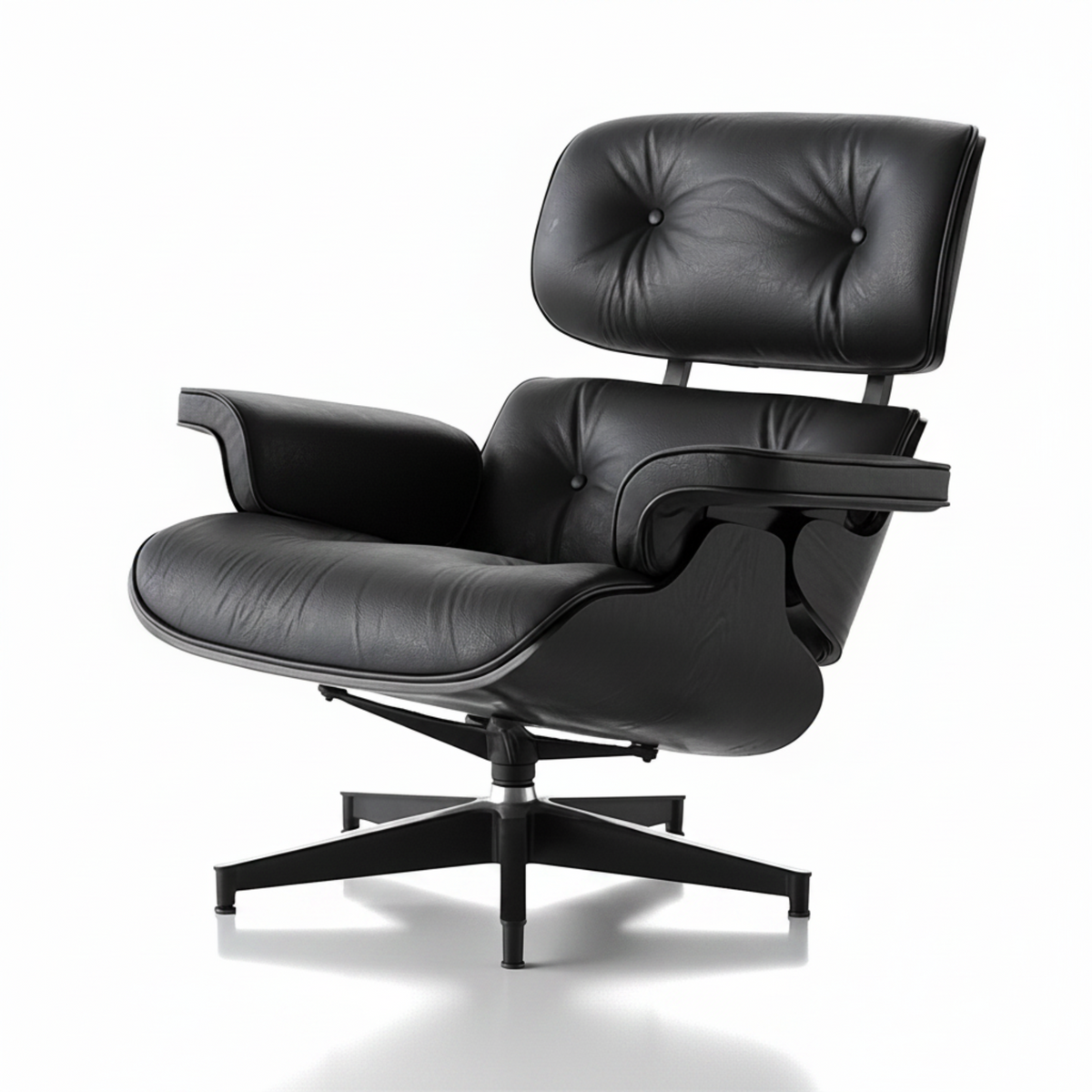 Black leather lounge chair with ottoman on a white background
