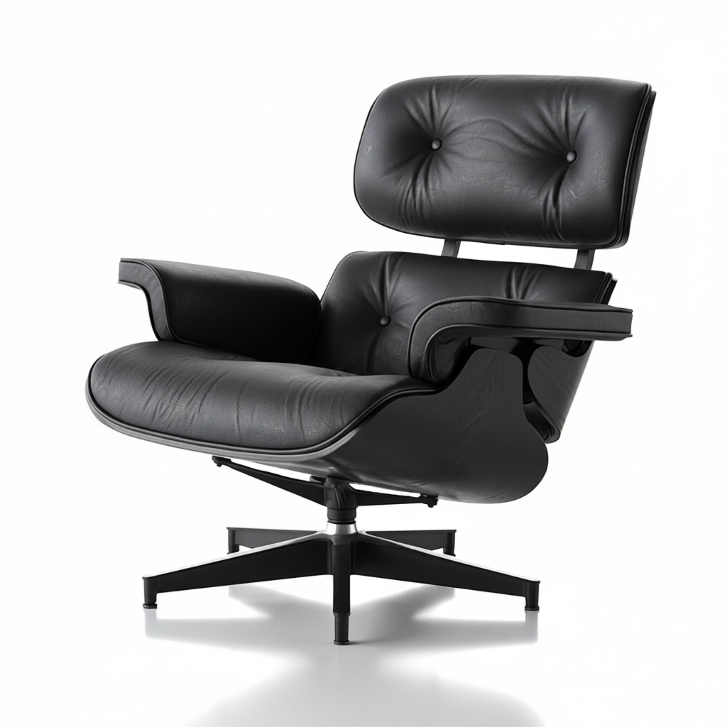 Black leather lounge chair with ottoman on a white background