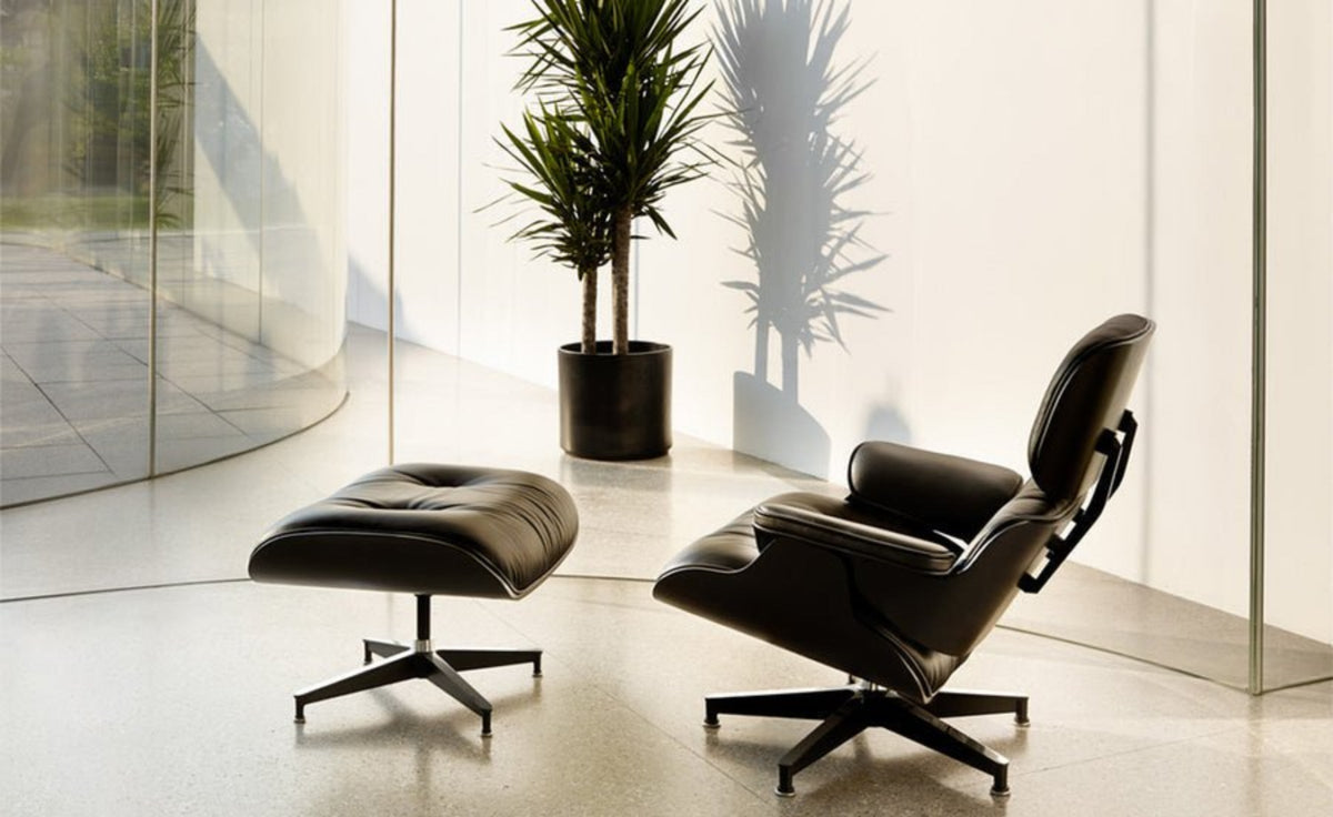 Modern black lounge chair and ottoman with a plant in a minimalistic setting