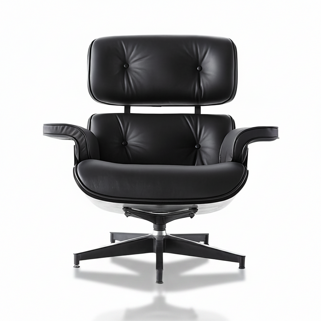 Black leather lounge chair with headrest on a white background