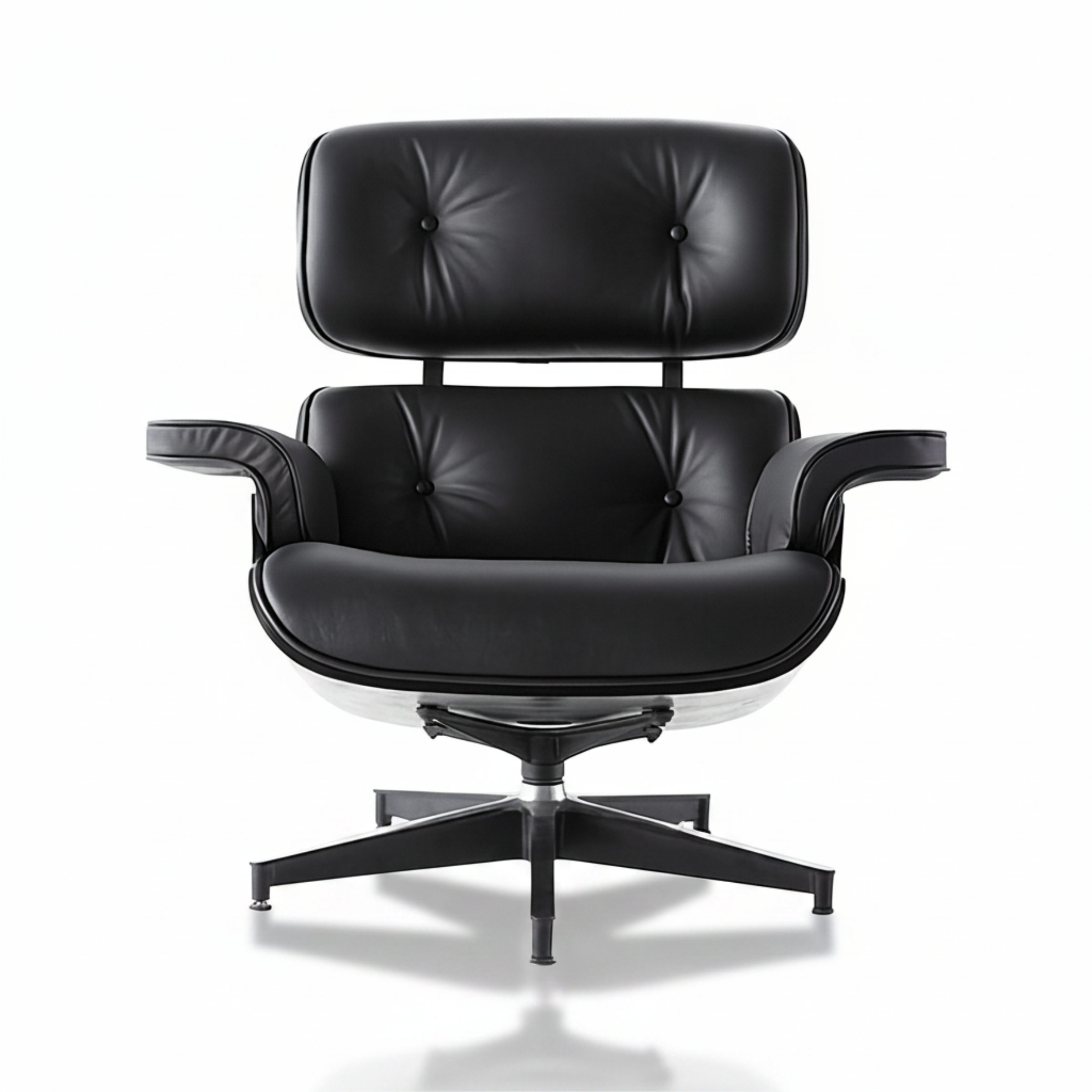 Black leather lounge chair with headrest on a white background