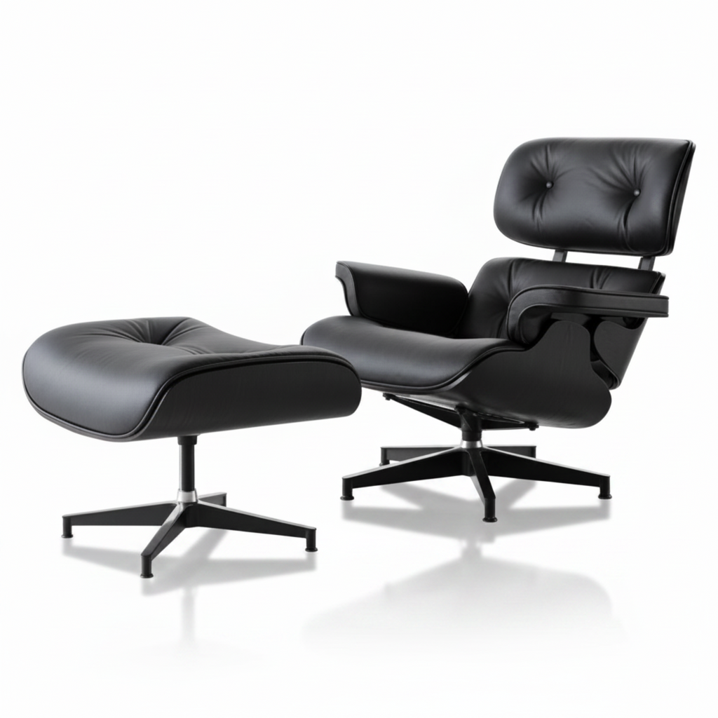 Black leather lounge chair and ottoman on a white background