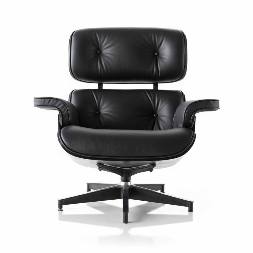 Black leather lounge chair with a tufted backrest and armrests, mounted on a black five-star swivel base.