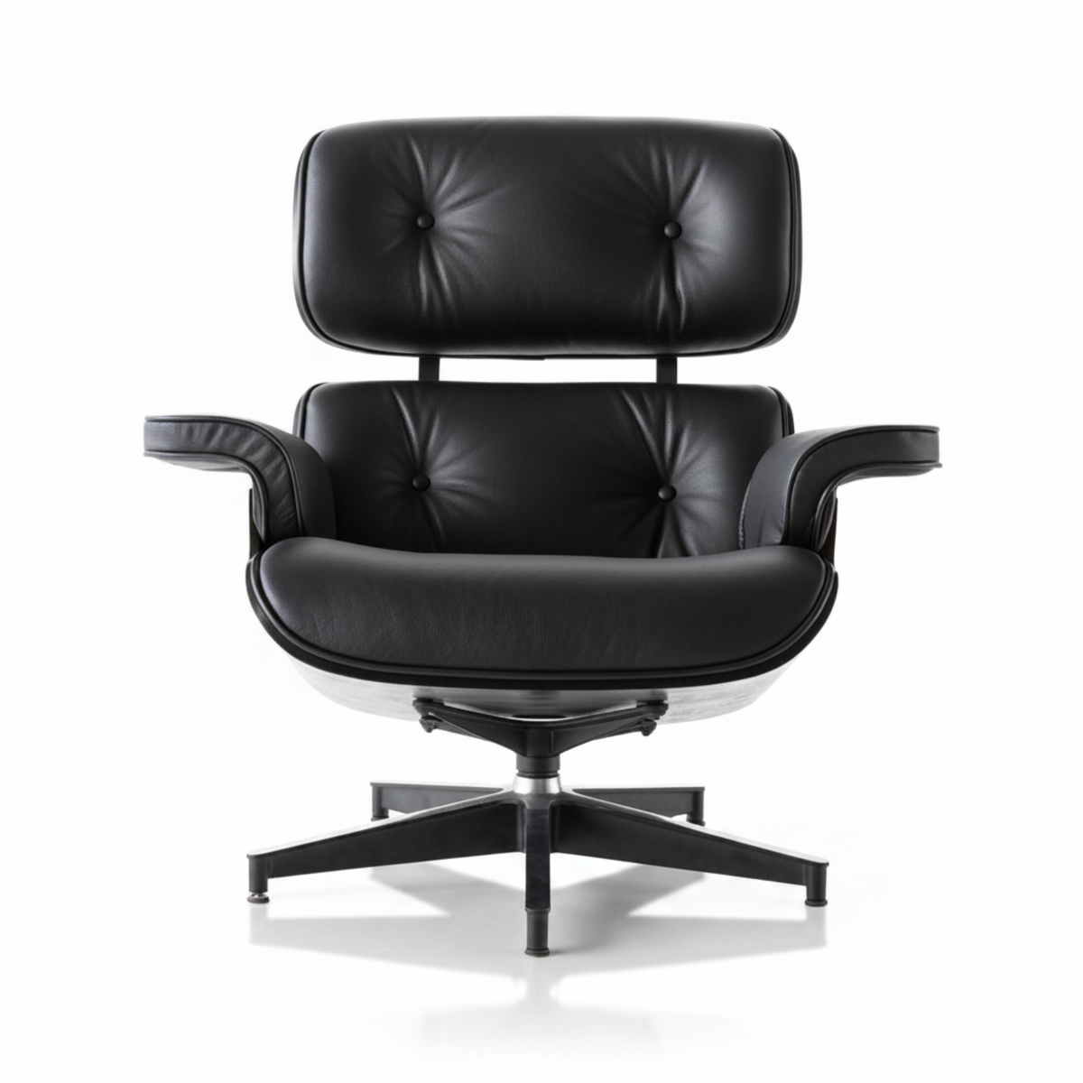 Black leather lounge chair with a tufted backrest and armrests, mounted on a black five-star swivel base.
