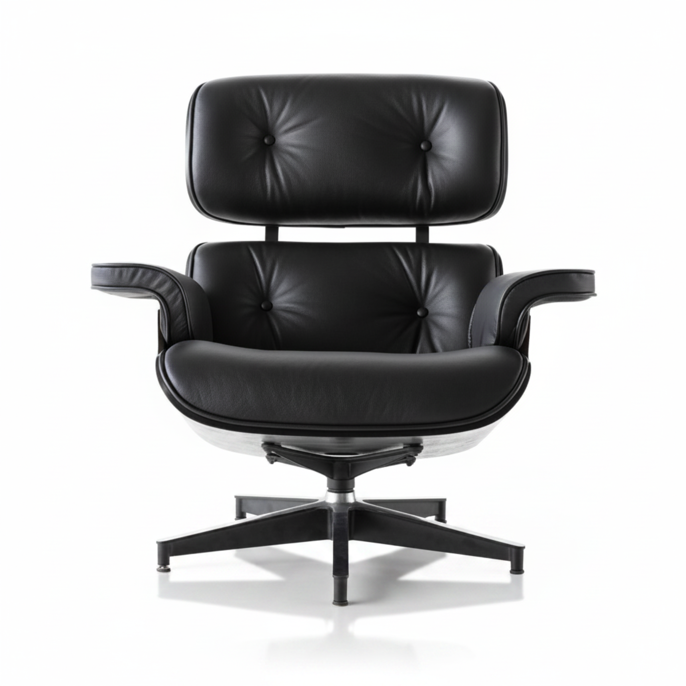 Black leather lounge chair with a tufted backrest and armrests, mounted on a black five-star swivel base.