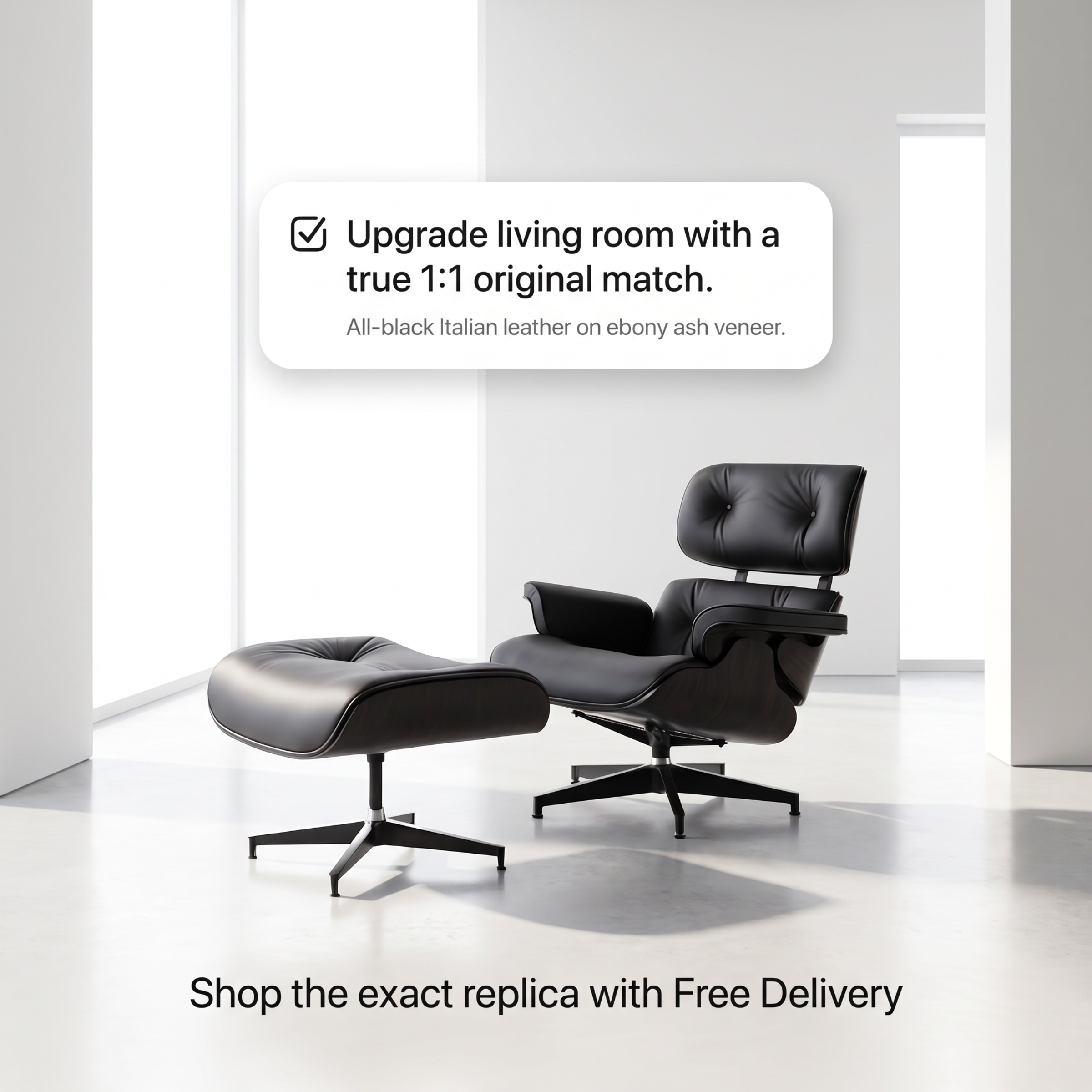 Black leather lounge chair with matching ottoman in a bright minimalist room, with promotional text overlays