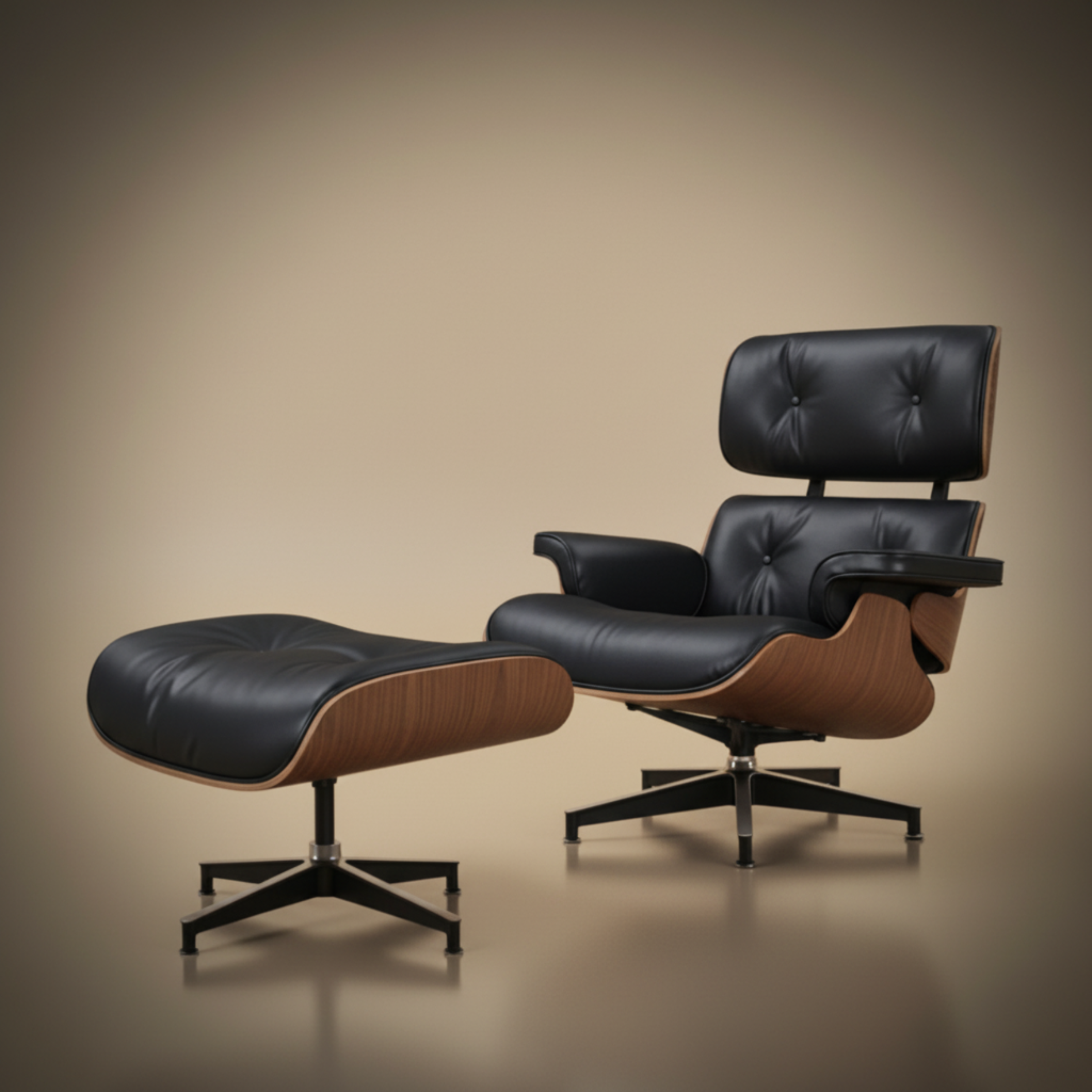 Luxury Black Lounge Chair & Ottoman — Front Three-Quarter