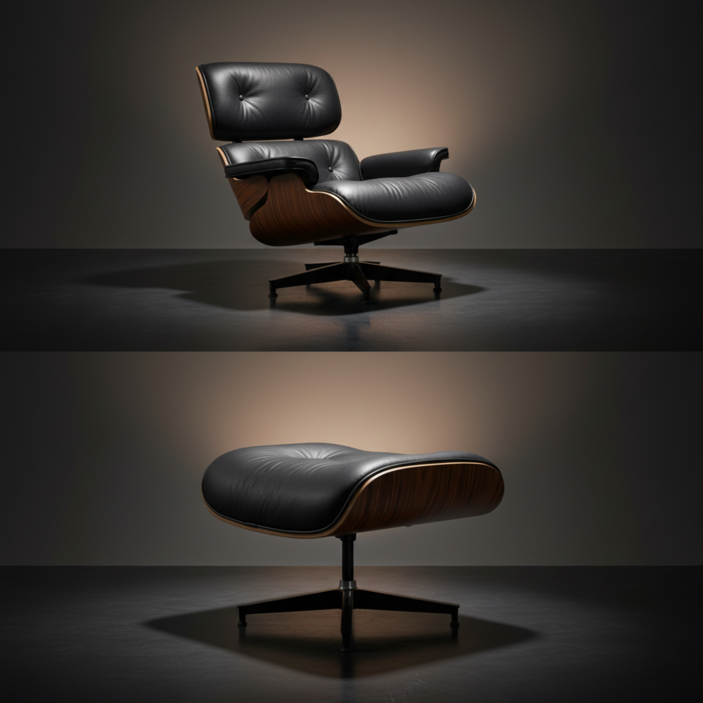 Lounge Chair & Ottoman Walnut Wood Black showing chair and ottoman separately