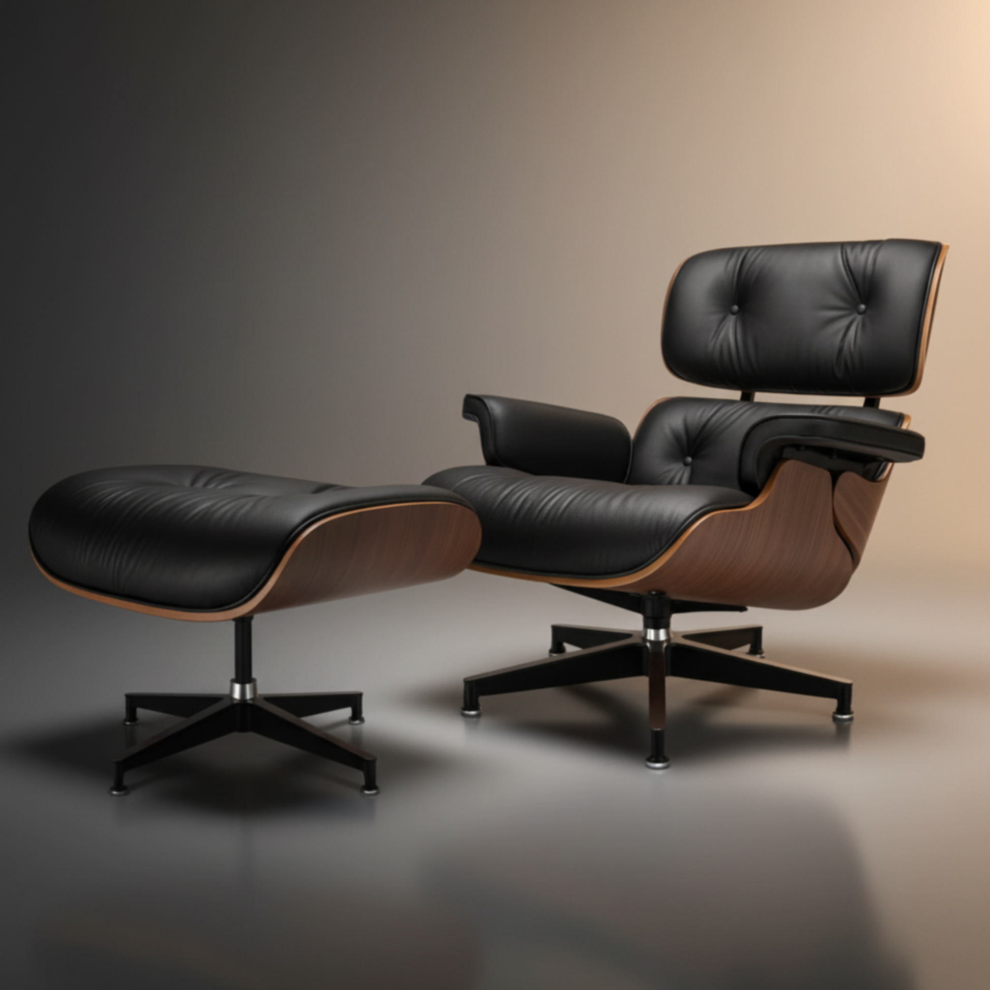 Lounge Chair & Ottoman Walnut Wood Black set