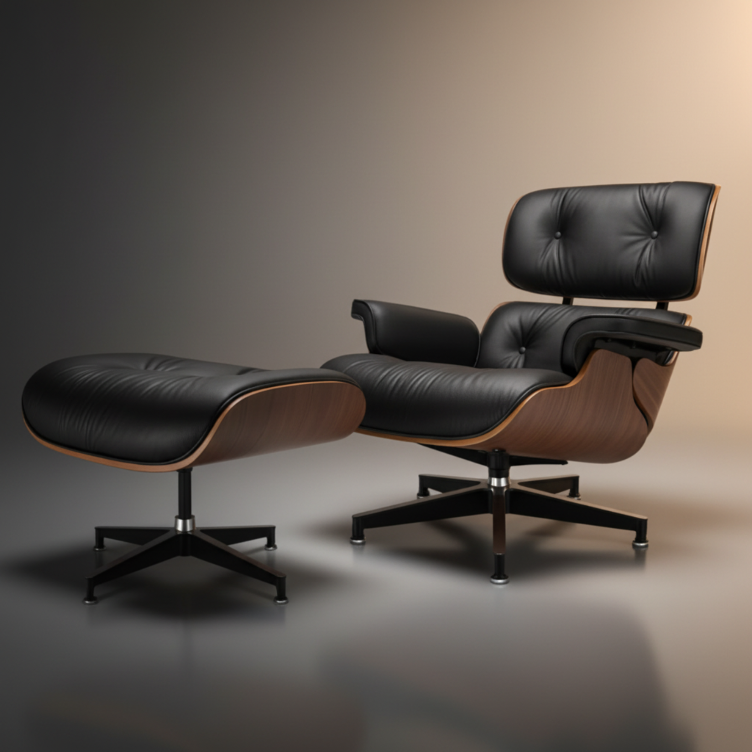 Lounge Chair & Ottoman Walnut Wood Black set