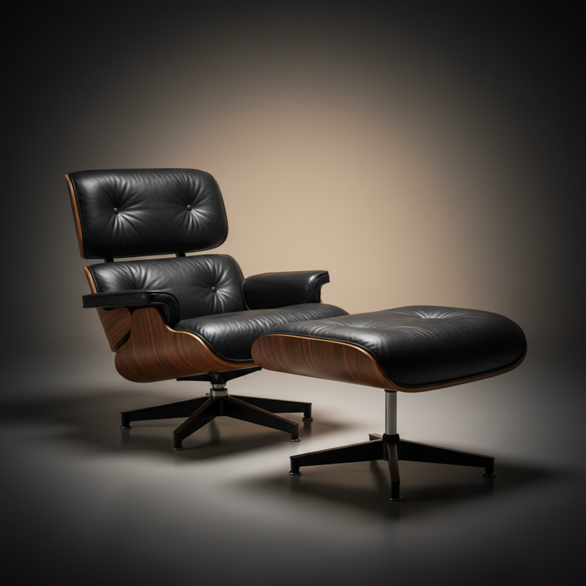 Luxury Black Lounge Chair & Ottoman — Close-Up Angle