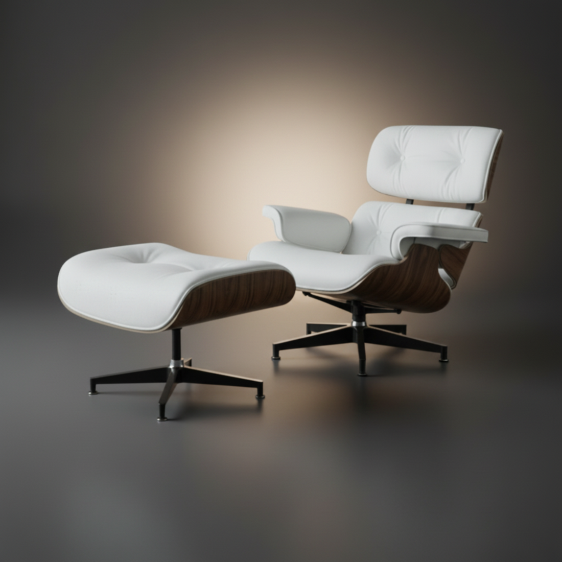 Luxury Eames Lounge Chair & Ottoman — White Leather & Walnut
