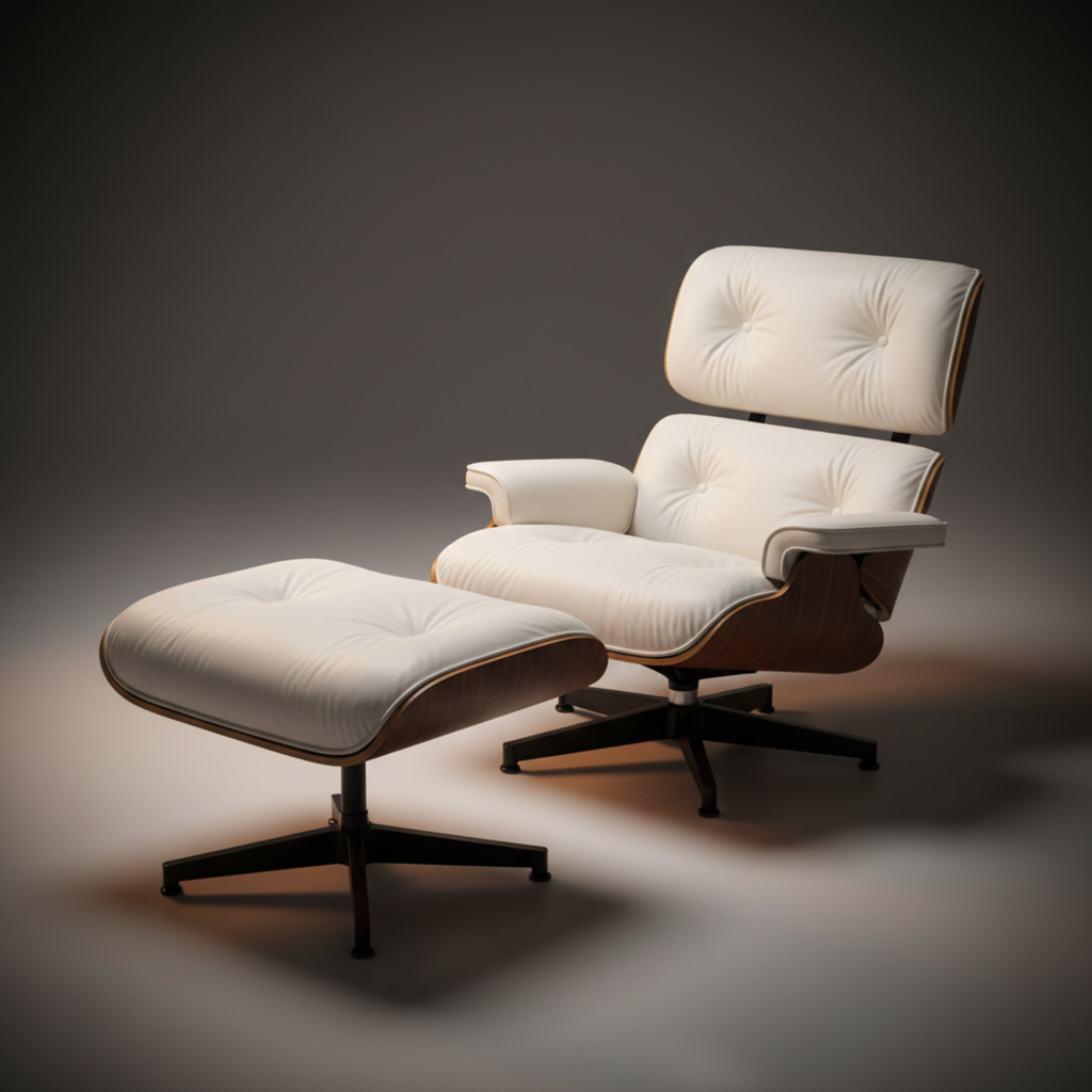 Lounge Chair & Ottoman Walnut Wood White XL in studio lights