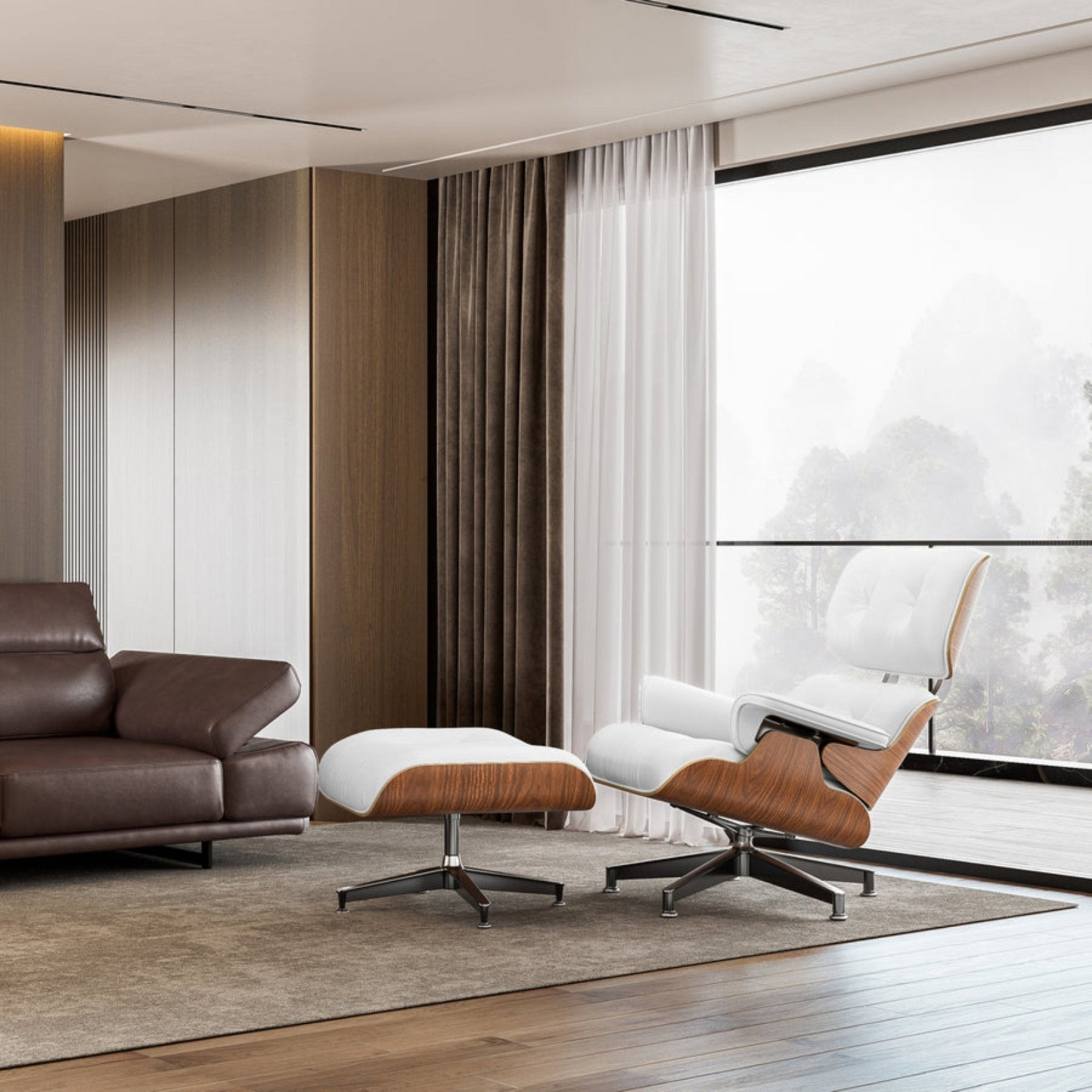 Modern living room with a brown leather sofa, white and wood ottoman, and large windows.