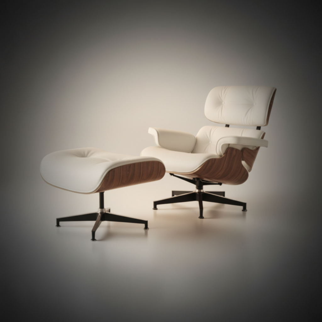 Lounge Chair & Ottoman Walnut Wood White in dim lighting