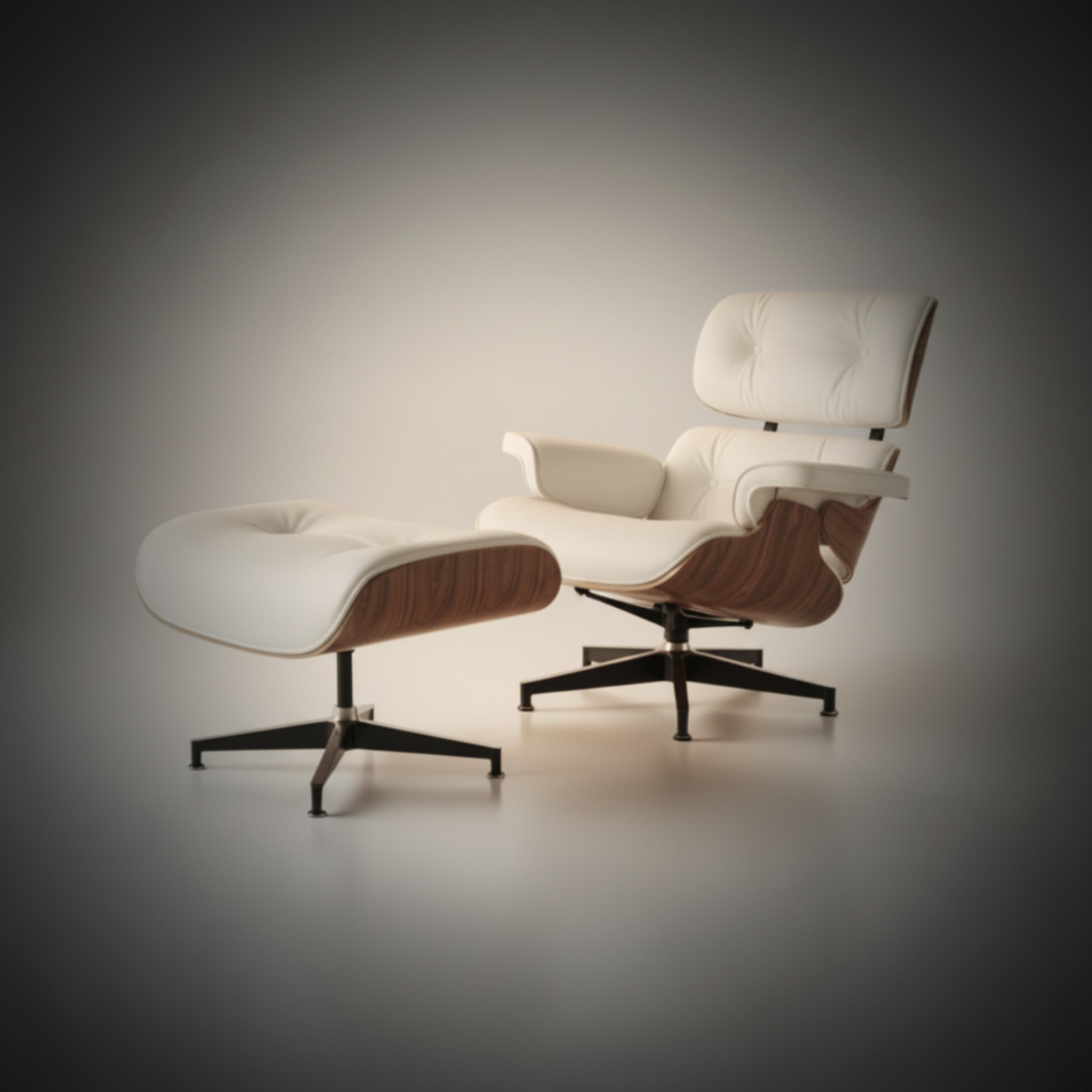 Lounge Chair & Ottoman Walnut Wood White in dim lighting