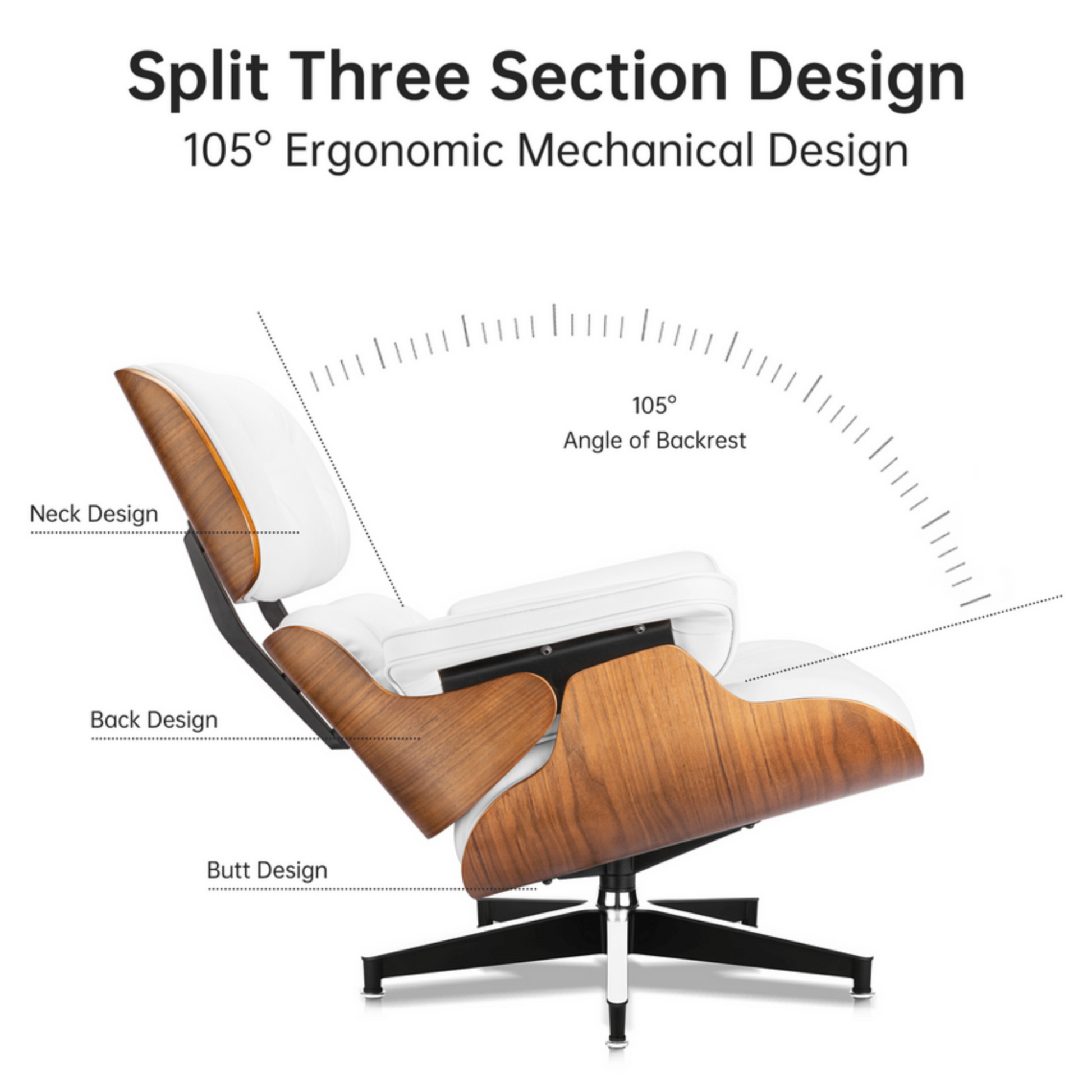 Lounge chair with split three section design and ergonomic mechanical details on a white background