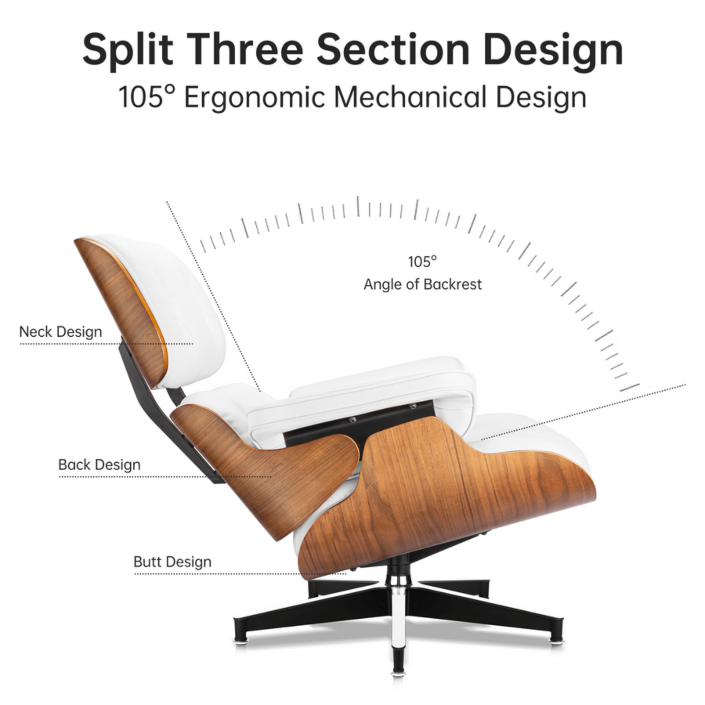 Lounge chair with split three section design and ergonomic mechanical details on a white background
