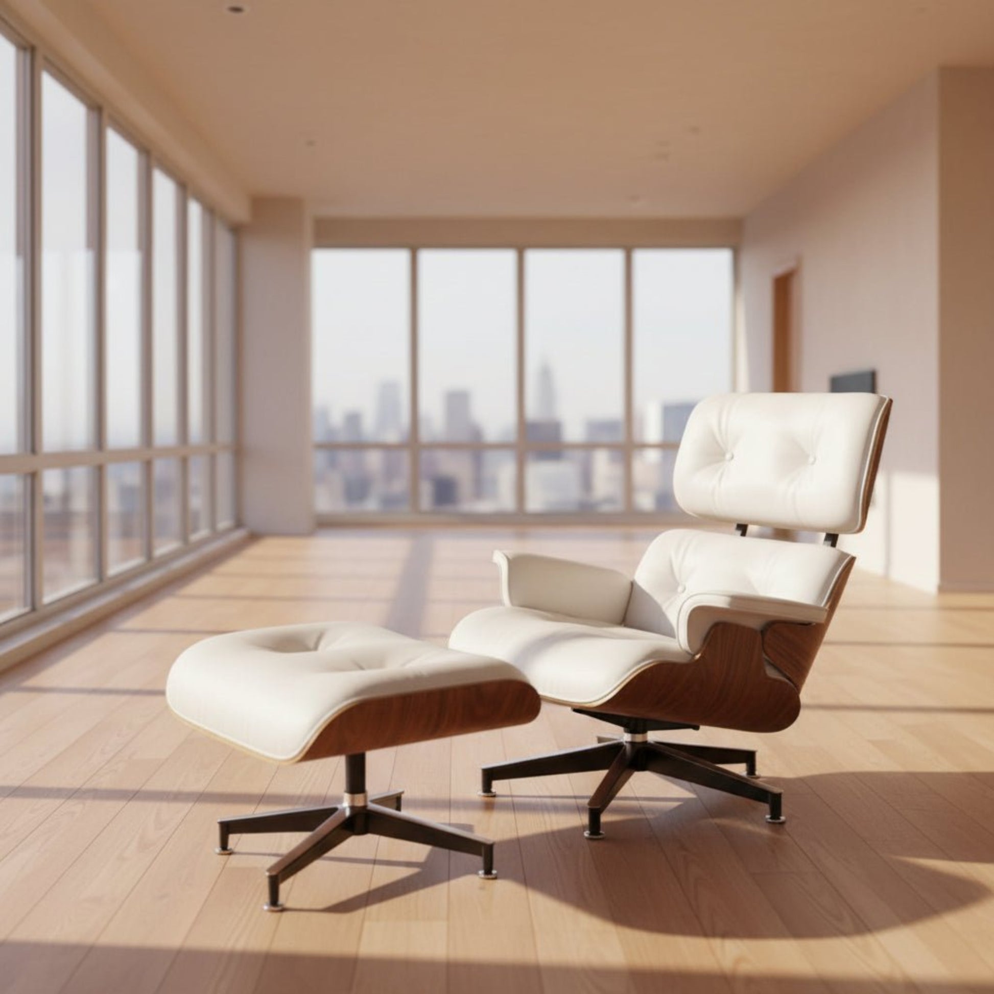 Modern lounge chair and ottoman in a room with large windows and city view