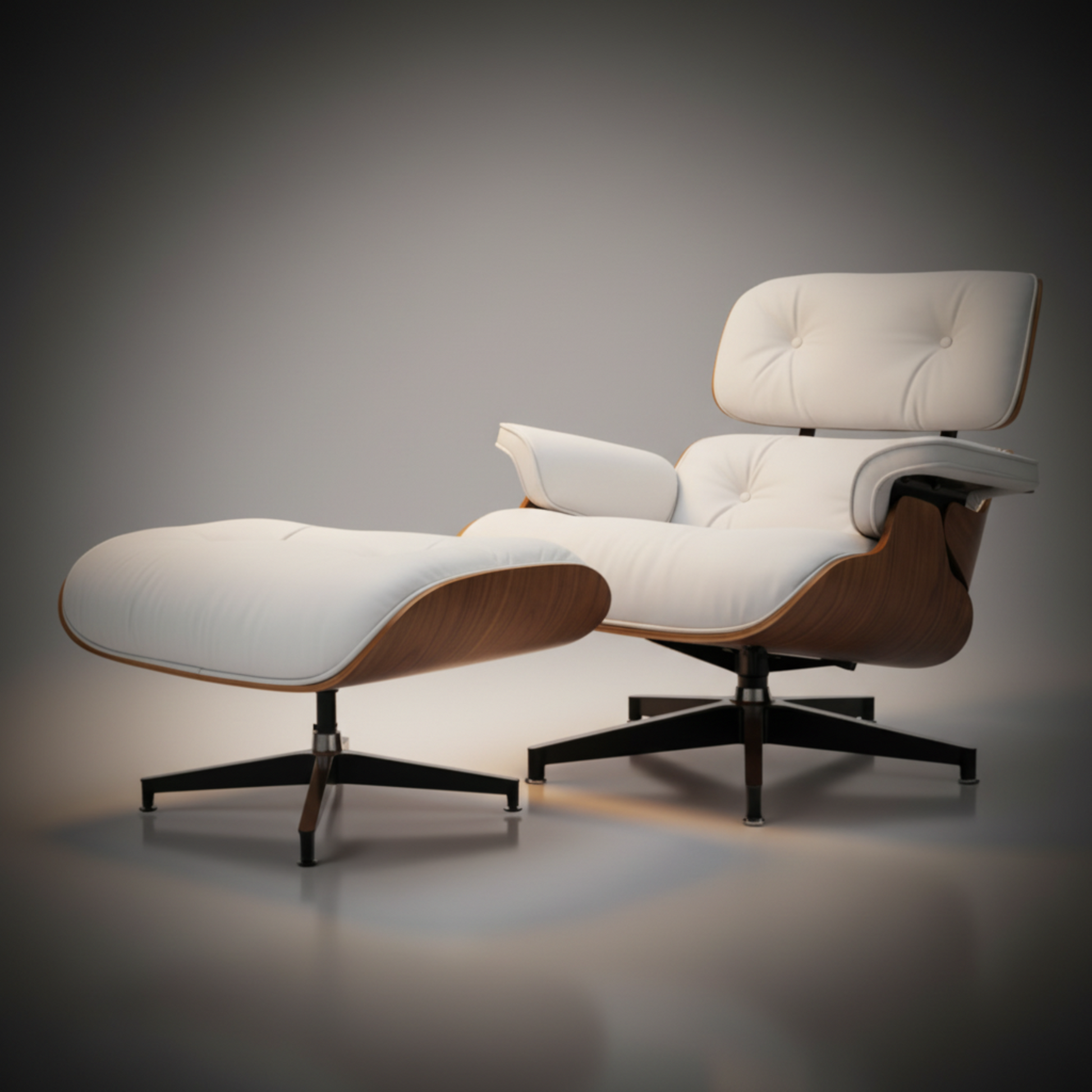 Lounge Chair & Ottoman Walnut Wood White set close up