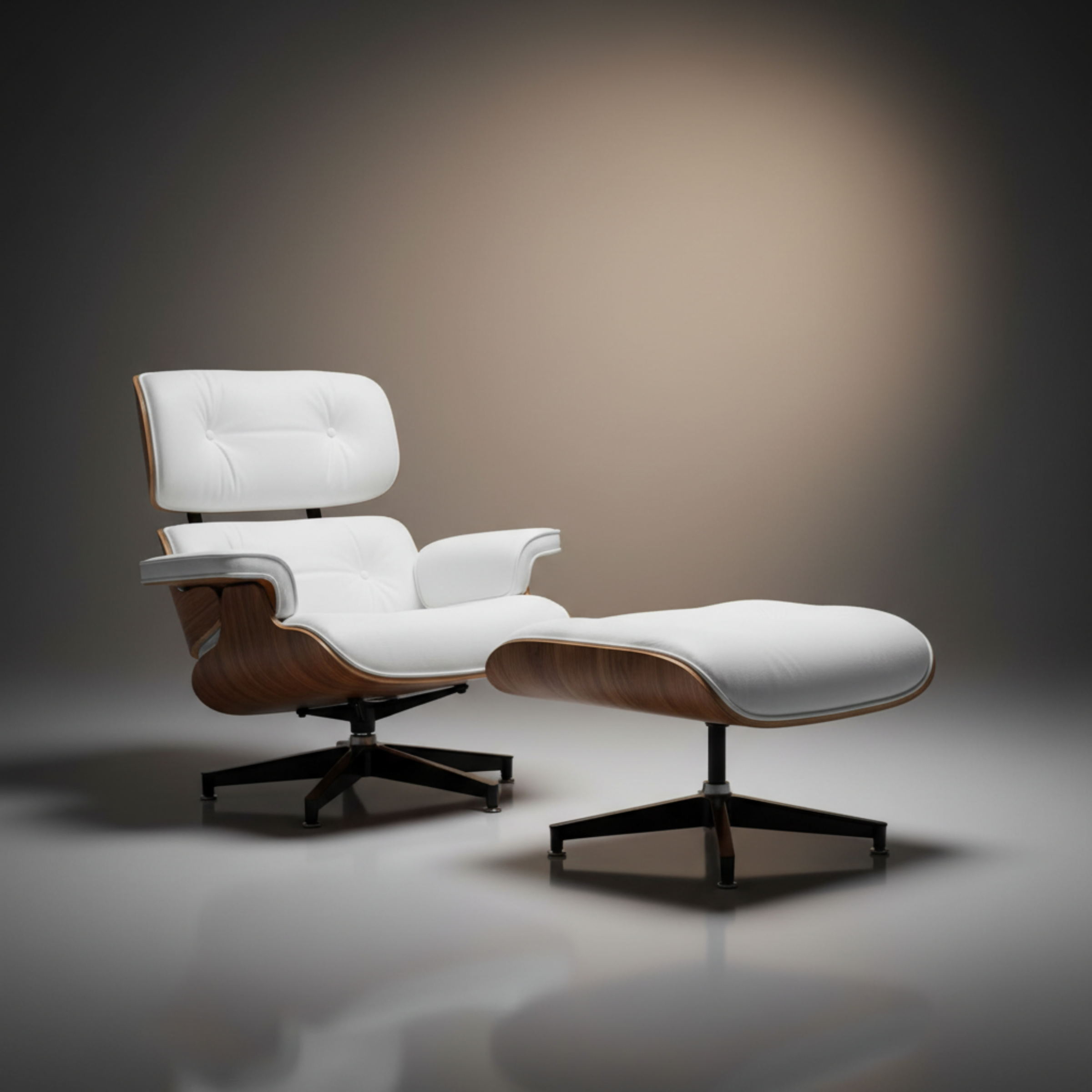 Lounge Chair & Ottoman Walnut Wood White close in styling lights