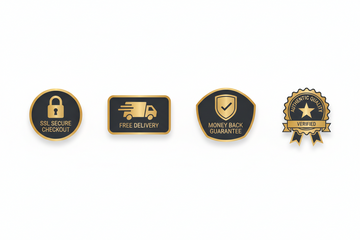 Four gold and black promotional badges on a white background: a padlock icon labeled 'SSL Secure Checkout,' a delivery truck icon labeled 'Free Delivery,' a shield icon labeled 'Money Back Guarantee,' and a ribbon seal labeled 'Authentic Quality Verified.'.