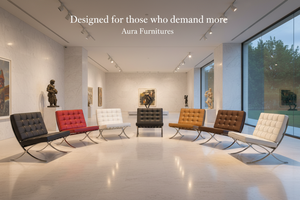 A showroom interior featuring multiple modern tufted armchairs in black, red, white, mustard yellow, brown, and cream, arranged in a spacious gallery space with large windows and wall art.