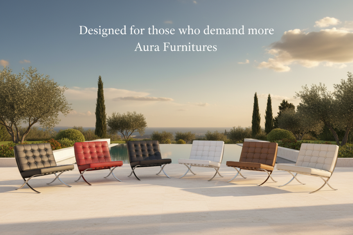 Five modern lounge chairs in different colors are lined up on a patio with a scenic outdoor view in the background.