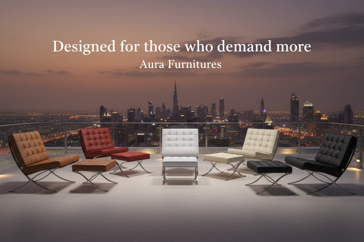 Five modern lounge chairs arranged in a semi-circle on a rooftop terrace at dusk, with a city skyline in the background.