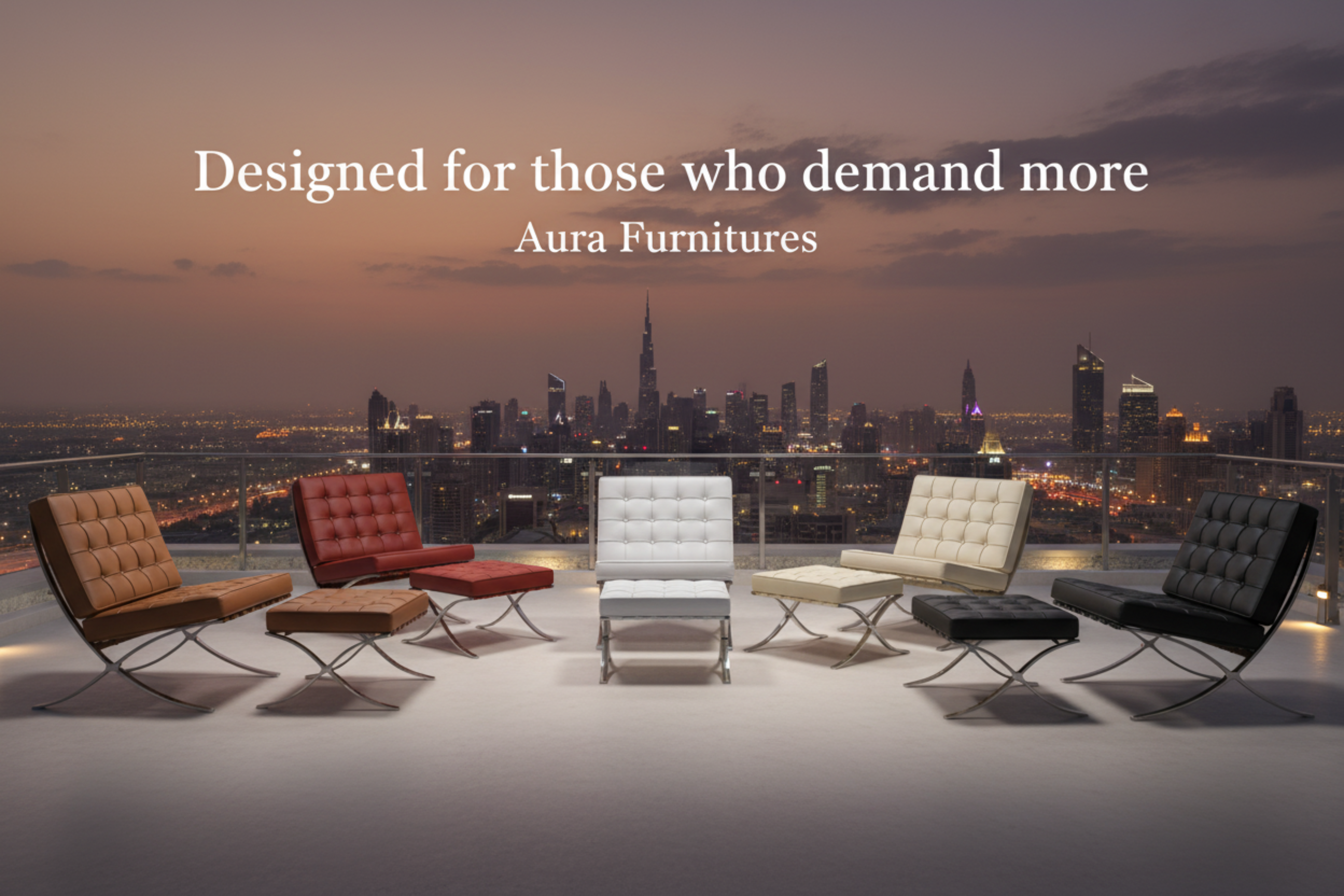 Five modern lounge chairs arranged in a semi-circle on a rooftop terrace at dusk, with a city skyline in the background.