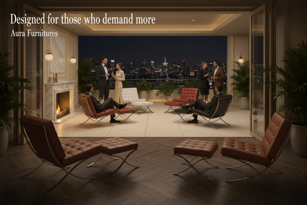 A luxury interior scene showing multiple upholstered lounge chairs and ottomans in a modern living room