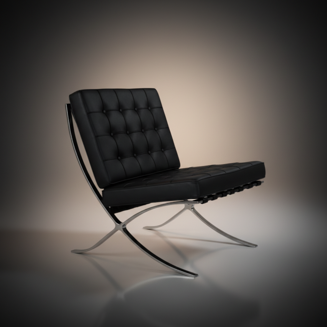 A modern black leather lounge chair with a tufted backrest and curved chrome metal legs, photographed against a dark gray studio