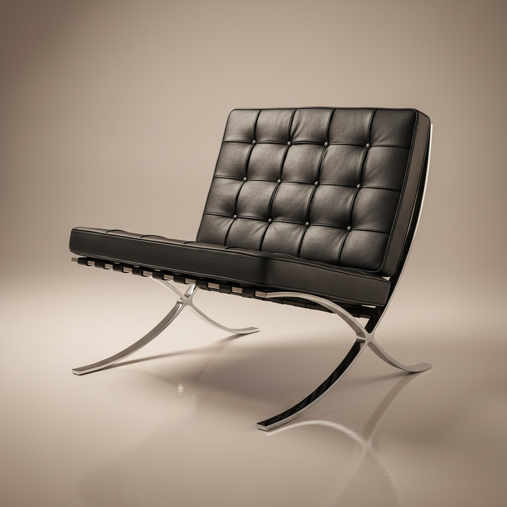 A modern black leather lounge chair with a tufted backrest and curved chrome metal legs, shown on a clean beige studio background.