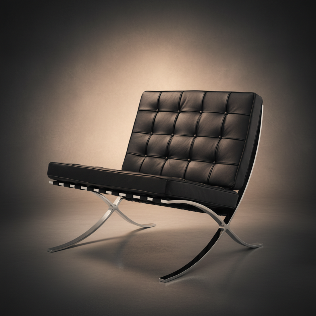A modern black leather lounge chair with a tufted backrest and curved chrome metal legs, photographed against a dark gray studio