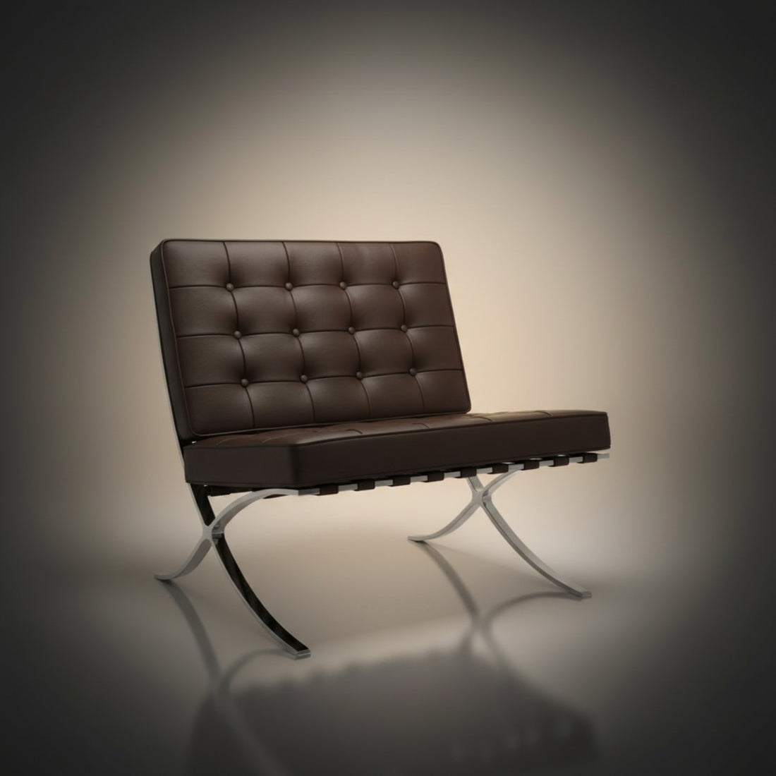A modern tufted leather armchair with a dark brown cushioned seat and backrest, supported by a chrome X-frame base