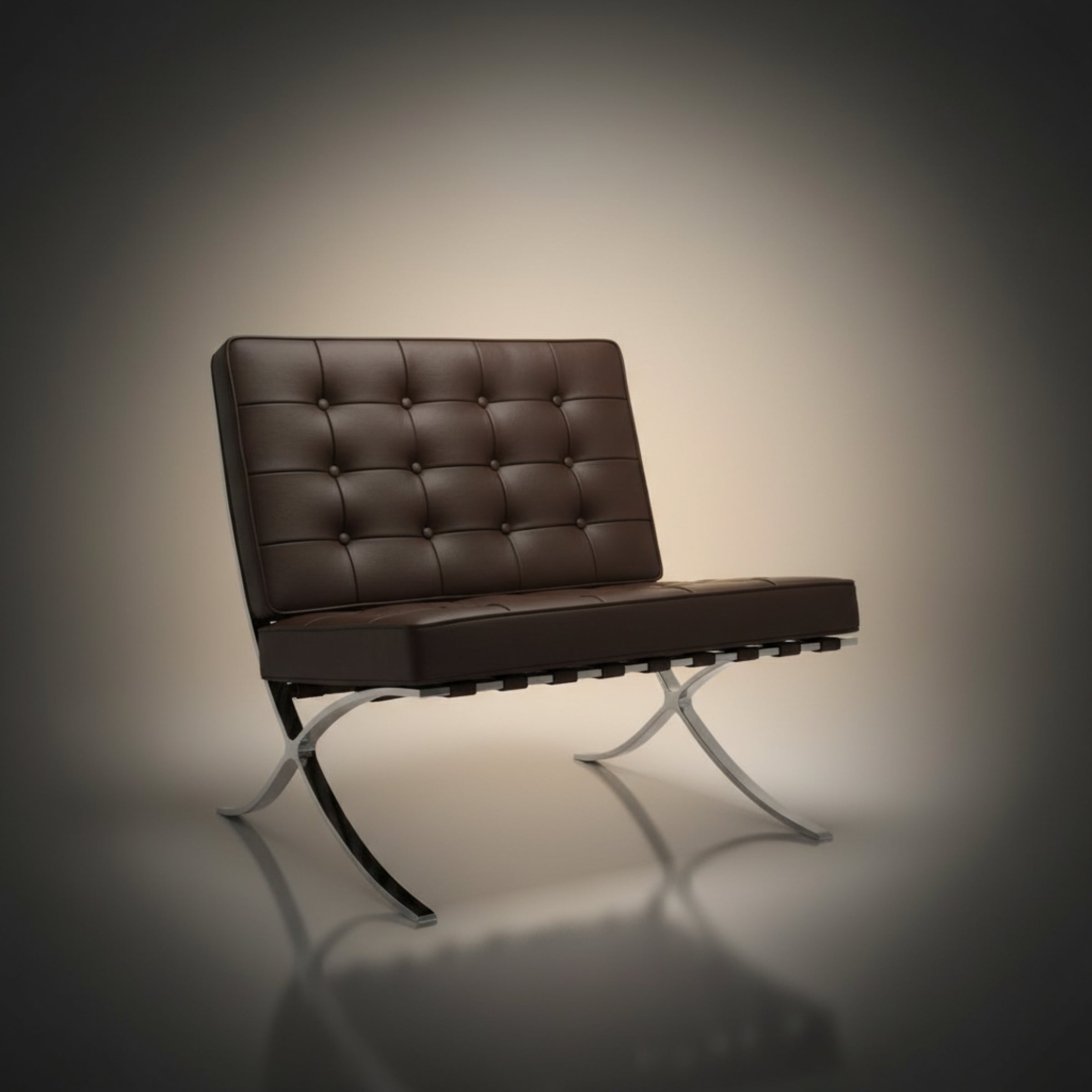 A modern tufted leather armchair with a dark brown cushioned seat and backrest, supported by a chrome X-frame base