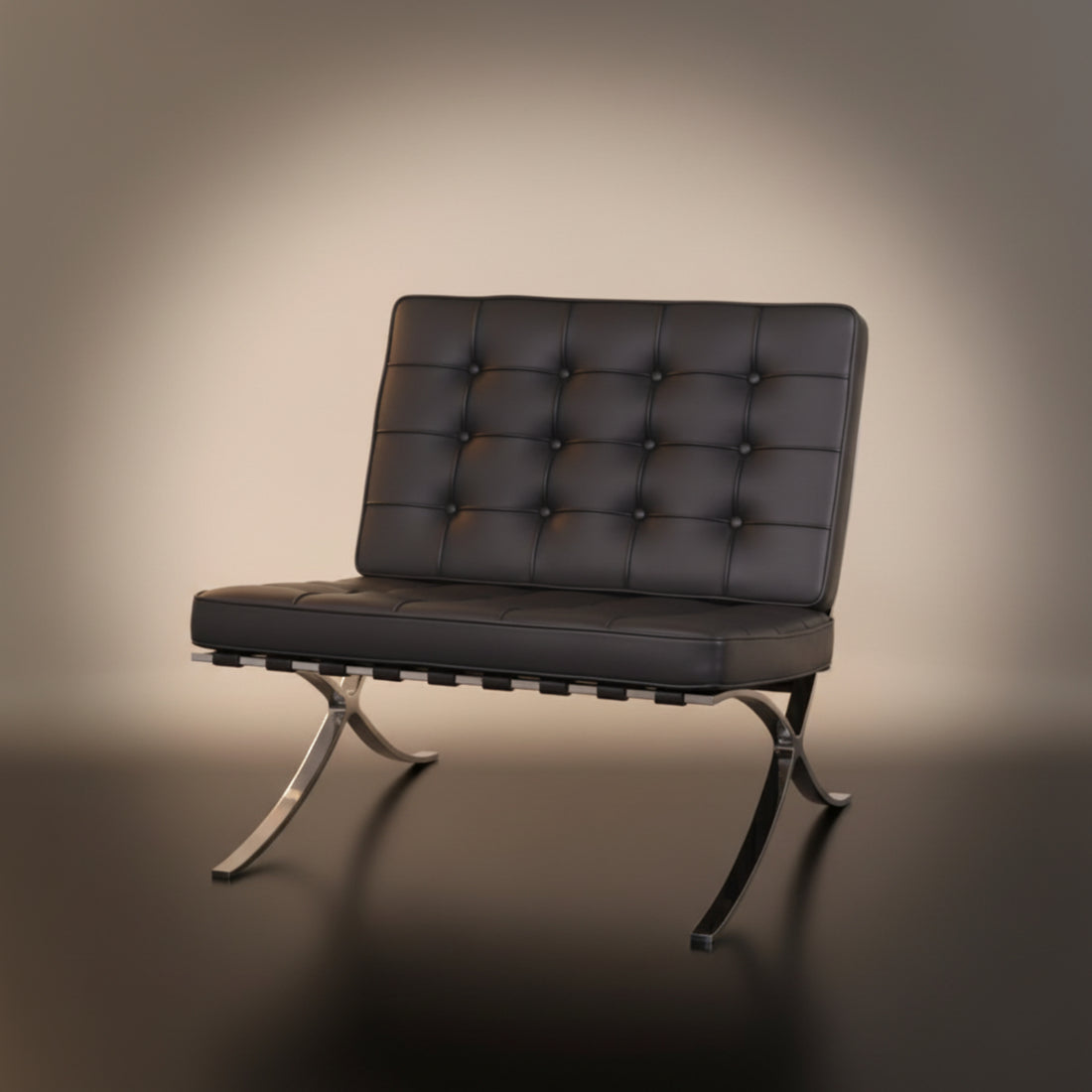 A modern black leather armchair with a tufted button-backrest and curved metallic legs, shown on a dark reflective floor 