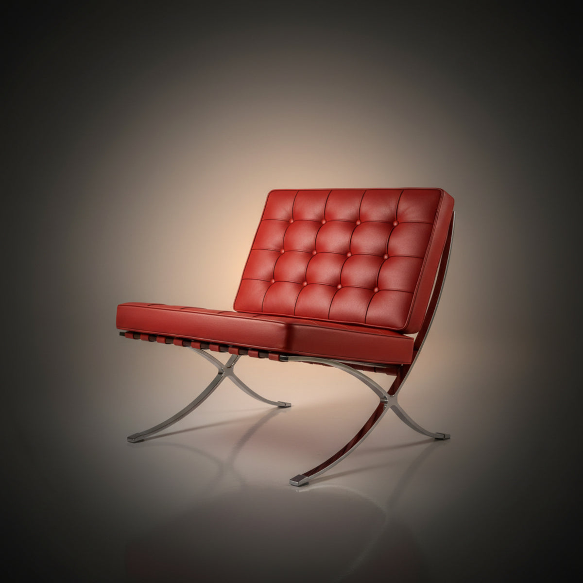 A modern red tufted leather armchair with a chrome S-shaped metal base, shown against a dark gray vignette background.