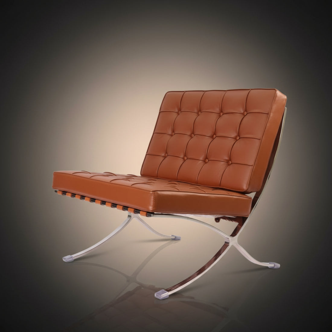 A modern leather armchair with a tufted backrest and chrome legs, centered