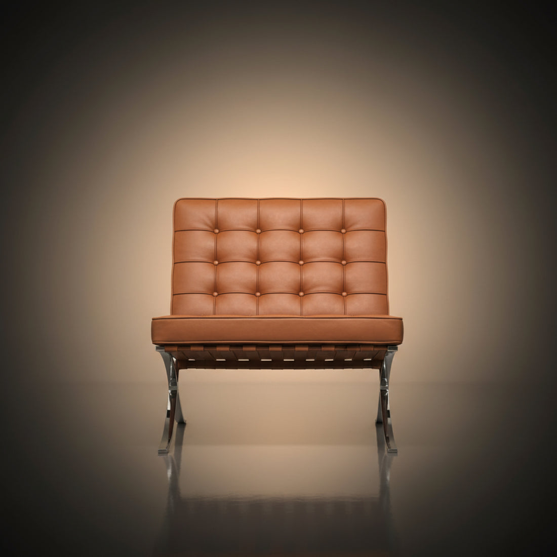 A modern leather armchair with a tufted backrest and chrome legs, centered