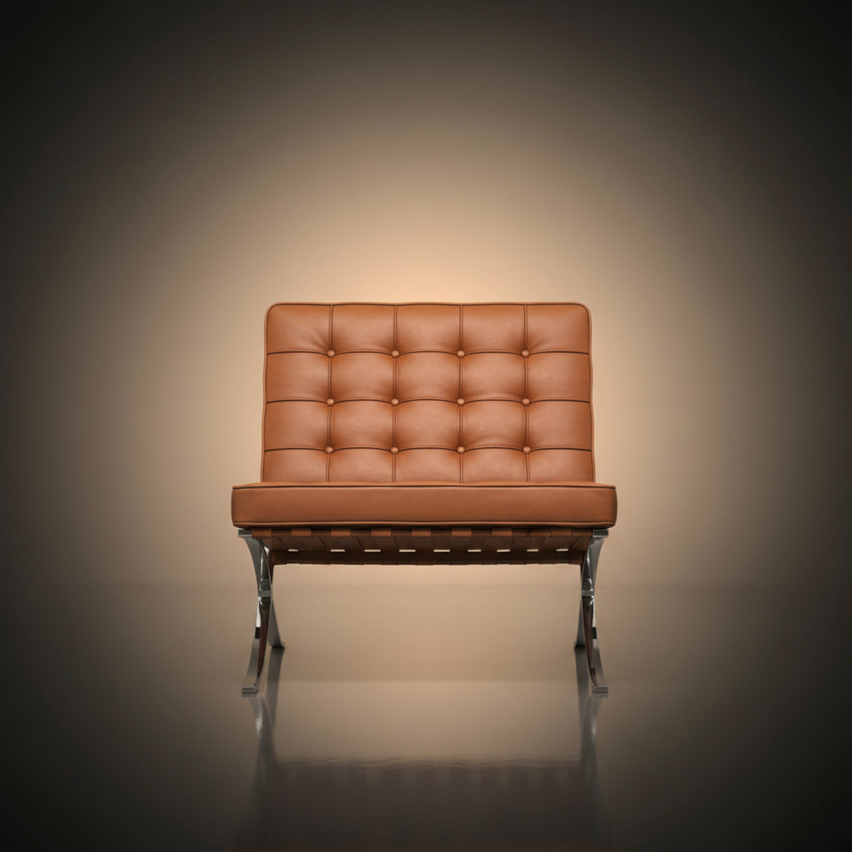 A modern leather armchair with a tufted backrest and chrome legs, centered