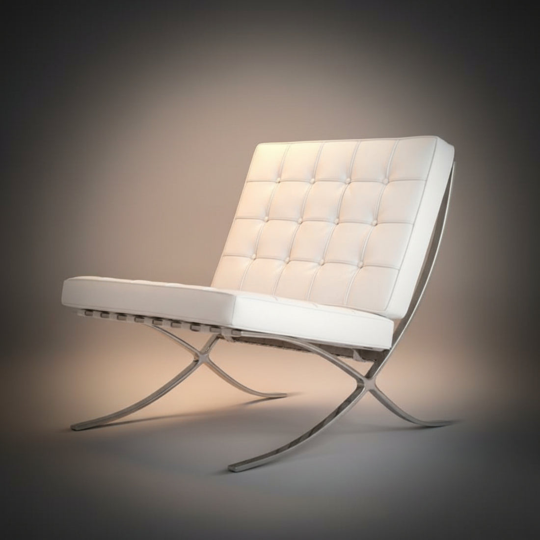 A modern Barcelona-style lounge chair with white tufted upholstery and a chrome metal frame, shown on a dark gray