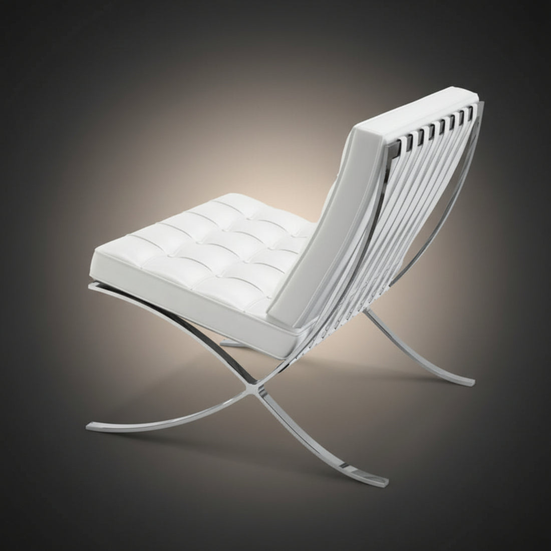 A modern Barcelona-style lounge chair with white tufted upholstery and a chrome metal frame, shown on a dark gray