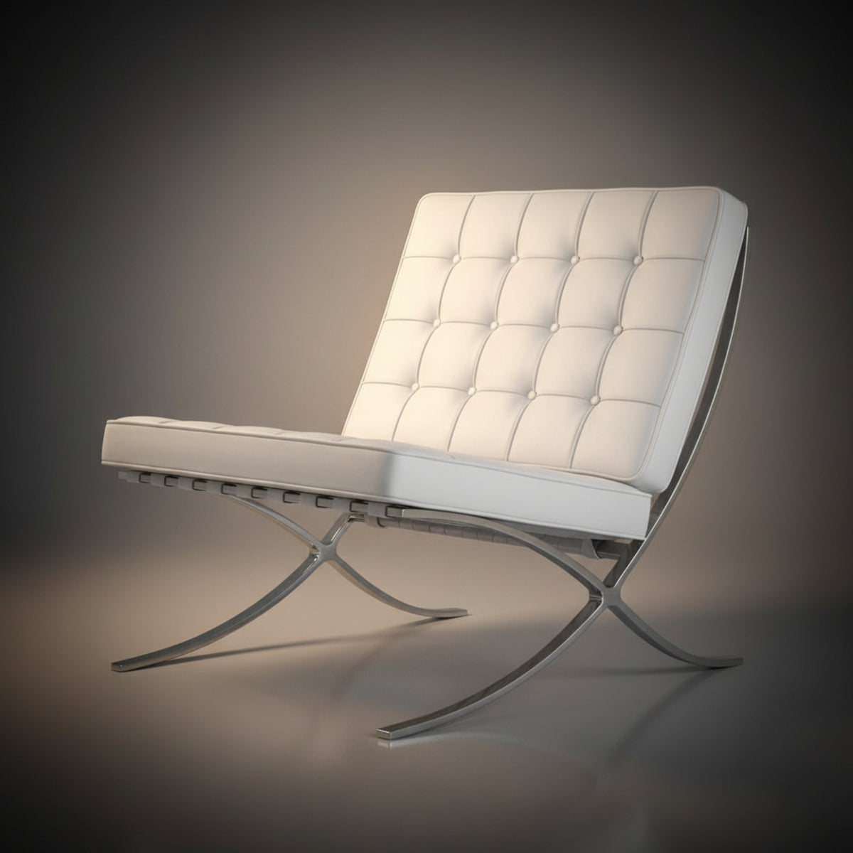 A modern Barcelona-style lounge chair with white tufted upholstery and a chrome X-frame base