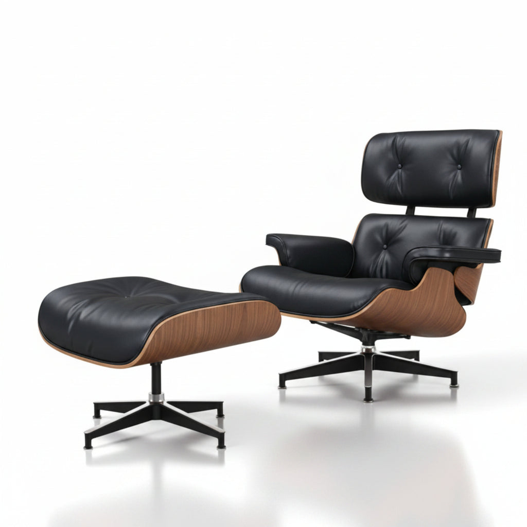 Lounge Chair & Ottoman | Walnut Wood | Black & White
