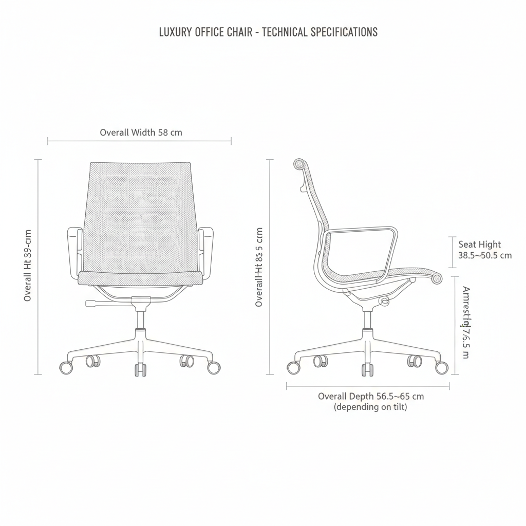 Technical specification diagram of a luxury office chair showing front and side profile measurements with labels for overall width, height, and depth on a white background.
