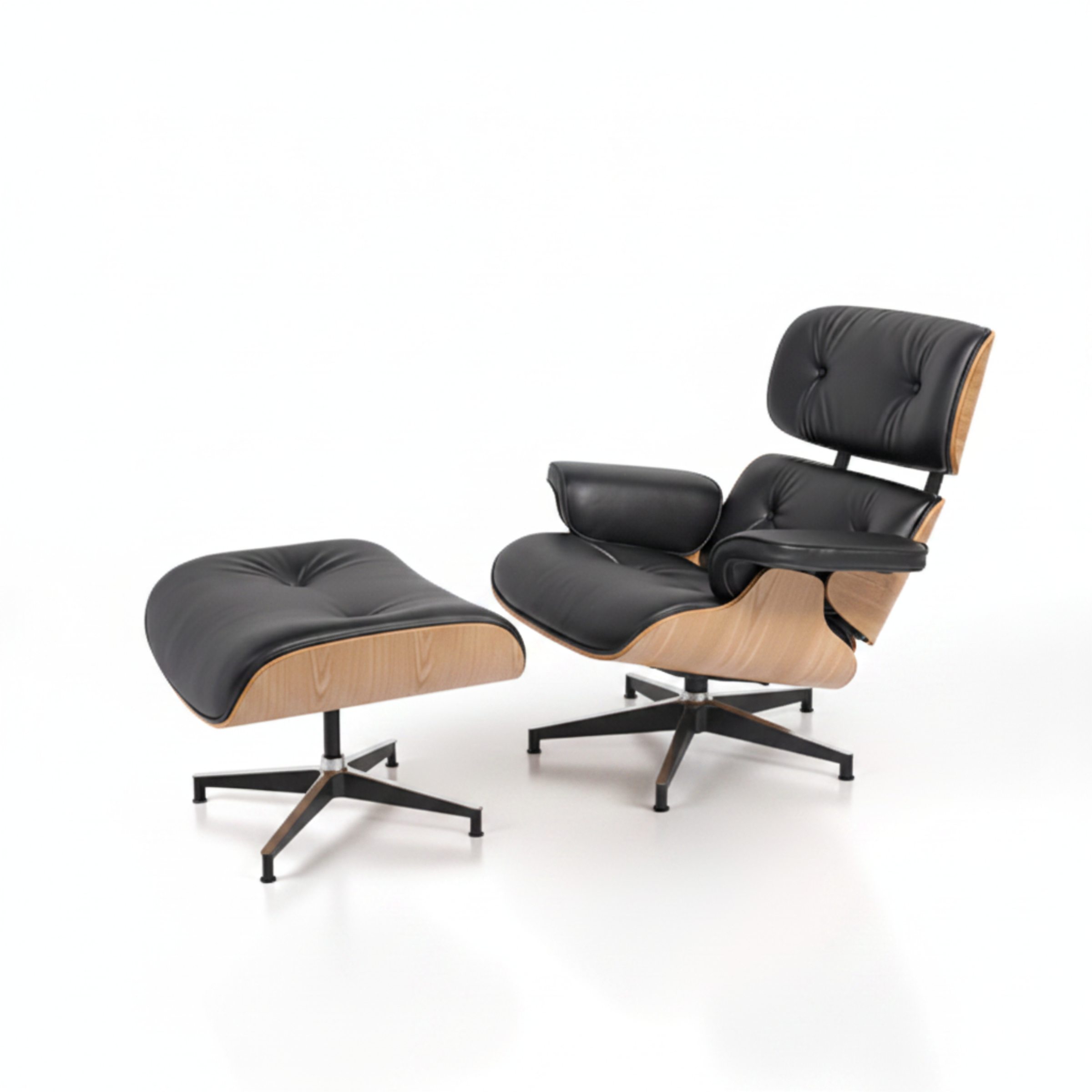 A classic mid-century modern lounge chair with matching ottoman, featuring black leather upholstery